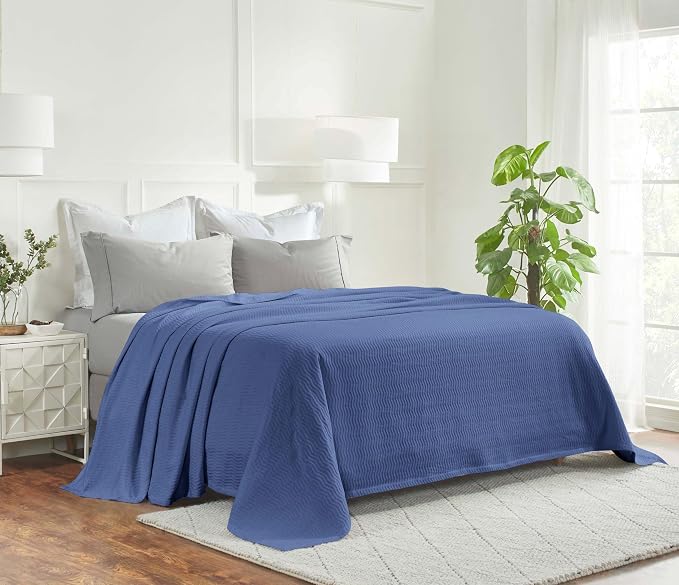 Superior JENA Cotton Blanket, for Picnic, Beach, Traveling or Camping, Bedroom Decor, Essentials, Cover for Bed, Couch, Lounging, Textured Jacquard, Modern Chevron Woven Blanket, Throw, Merritt Blue