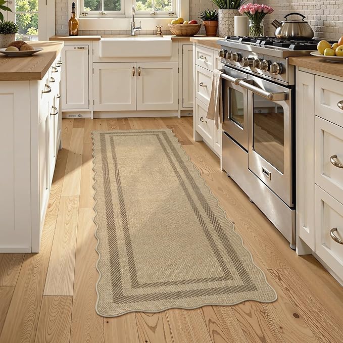 LIVEBOX Scalloped Washable 2x6 Kitchen Runner Rug, Easy Jute Geometric Tan Rugs for Entryway Hallway, Indoor Outdoor Non Slip Rug Farmhouse Modern Carpet Door Mat for Porch Bedroom Laundry Room