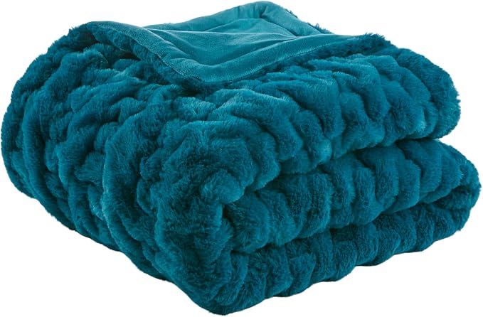 Madison Park Ruched Faux Fur Luxury Throw Teal 50*60 Premium Soft Cozy Brushed Long Faux Fur For Bed, Coach or Sofa | Luxury, Premium, Soft Cozy Brushed Long Pile, All Season Plush Modern OEKO- TEX Certification Warm For Bed, Couch or Sofa
