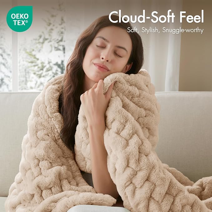 Madison Park Ruched Fur Throw Faux Fur Blanket for Sofa, 50" x 60", Tan | Luxury, Premium, Soft Cozy Brushed Long Pile, All Season Plush Modern OEKO- TEX Certification Warm For Bed, Couch or Sofa