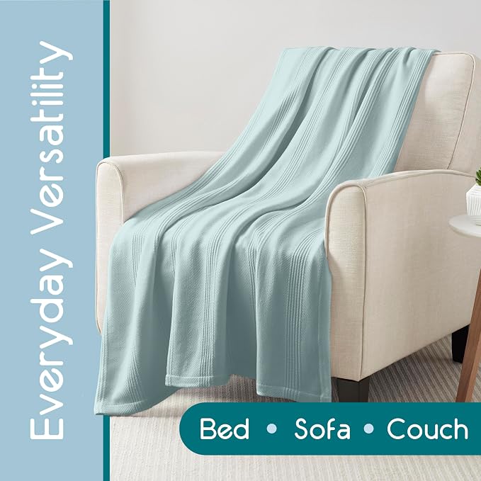 Vellux 100% Cotton Blanket, Queen, 90x90, Light Blue | Soft, Breathable Knit, Lightweight, All Season, Machine Washable, Oeko-Tex Certified, Hotel Quality