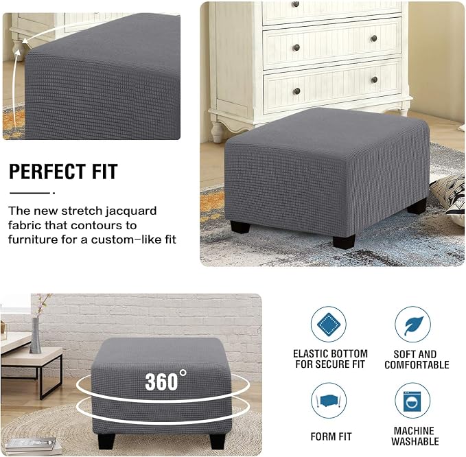 H.VERSAILTEX Square Ottoman Covers Ottoman Slipcovers Folding Storage Stool Furniture Protector Form Fit with Elastic Bottom, Stretch High Spandex Small Checks Jacquard Fabric(Medium,Grey)