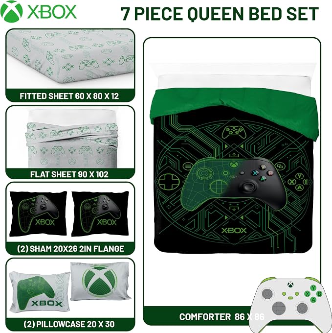 Jay Franco Kids Comforter Set Includes Sheets and Pillow Covers - Soft and Cozy Bed Set for Stylish Room Decor, Official Licensed Product, White - Xbox, 7 Piece Queen