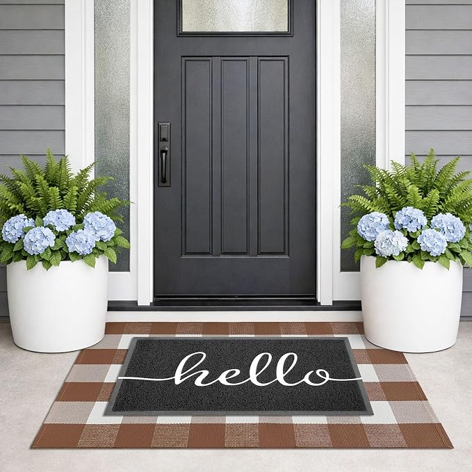 KILOCOCO Buffalo Plaid Checkered Rug 27.5x43 in Brown White Front Door Rug | Cotton Woven Outdoor Rug, Machine Washable Front Door Mat, Indoor Entryway Rug, Low Pile Welcome Mats for Farmhouse