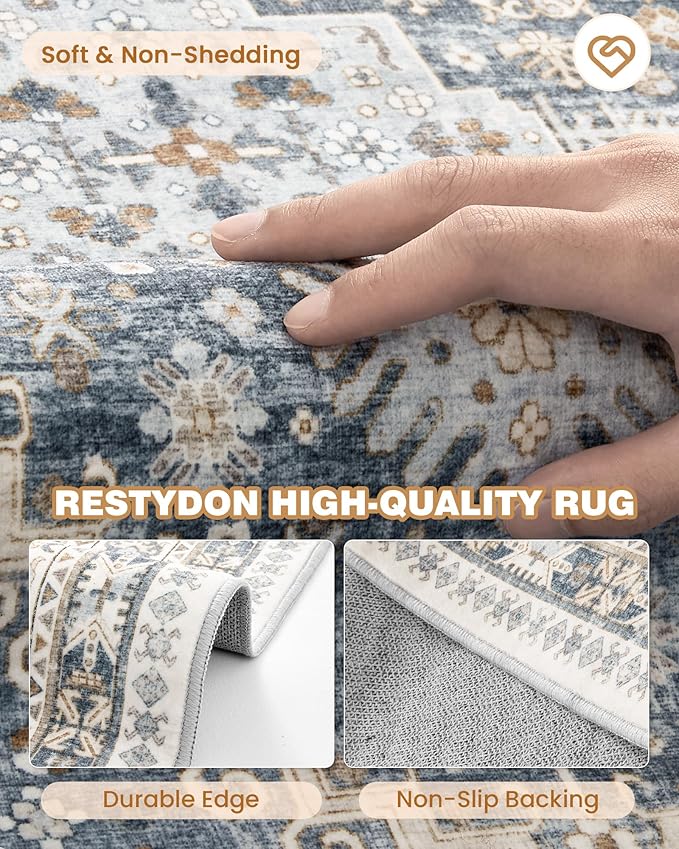 Area Rugs 5x7, Ultra-Thin Washable Rugs for Living Room, Anti-Slip Backing Area Rug for Bedroom, Soft Floral Vintage Home Decor Rug for Dining Room(Blue/Beige,5'x7')