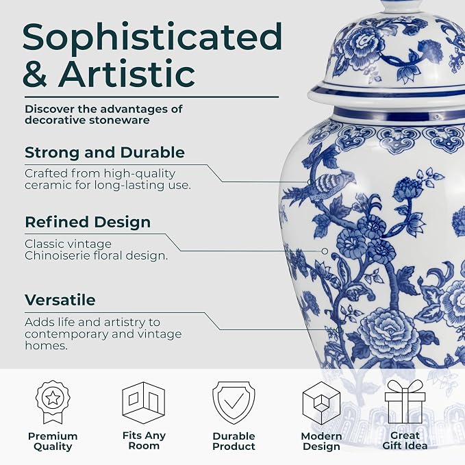 Decorative Ginger Jar for Home Decor – Ceramic Jar With Lid, Chinoiserie Pattern, Large Tabletop Accent for Living Room or Entry Shelf Display, Stylish Centerpiece Decor – 18", Blue & White