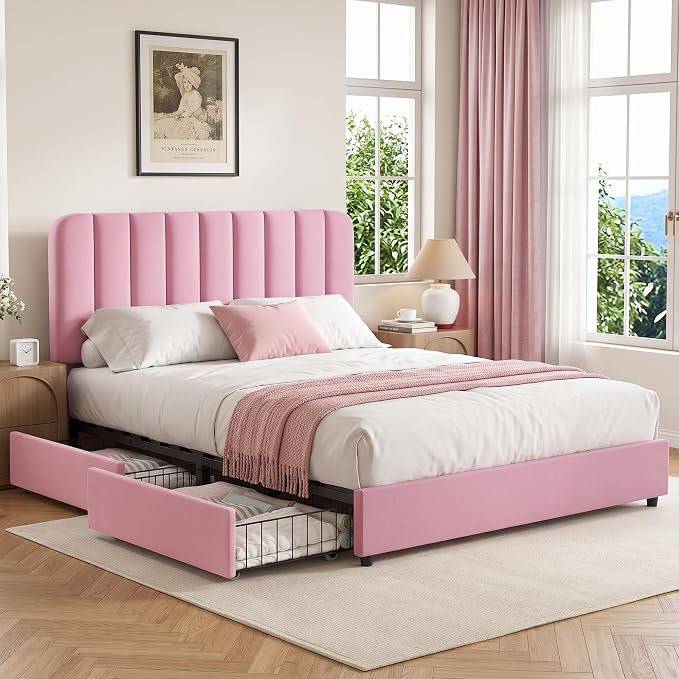 VECELO Full Size Upholstered Bed Frame with 4 Drawers and Headboard, Velvet Platform Storage Bedframe, Wooden Slats Support, No Box Spring Needed,Pink