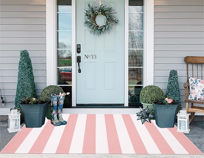 3'x5' Outdoor Rug, Washable Pink and White Striped Porch Rug Cotton Woven Farmhouse Front Door Mats for Porch/Entryway/Home Entrance Decor/Bedroom/Laundry Room/Patio/Front Door