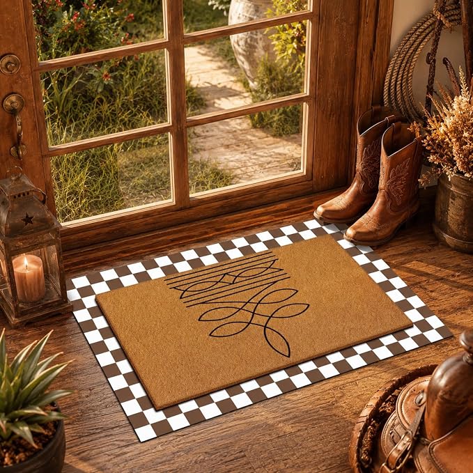 Tinideya 2 Pcs Western Door Mat Cowboy Cowgirl Welcome Non Slip Coir Mats Floor Layering Gift Boot Stitch Doormats Seasonal for Front Porch Entryway Decor