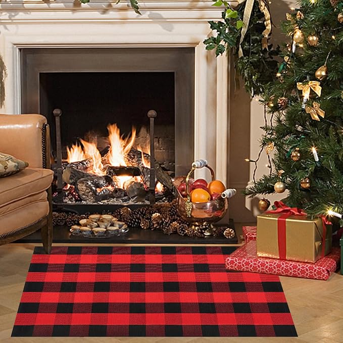 Buffalo Plaid Area Rug, Checkered Rug 27.5x43 Inches, Black and Red Rug, Washable Cotton Mat for Front Porch, Entryway, Kitchen, Living Room, Christmas Decor