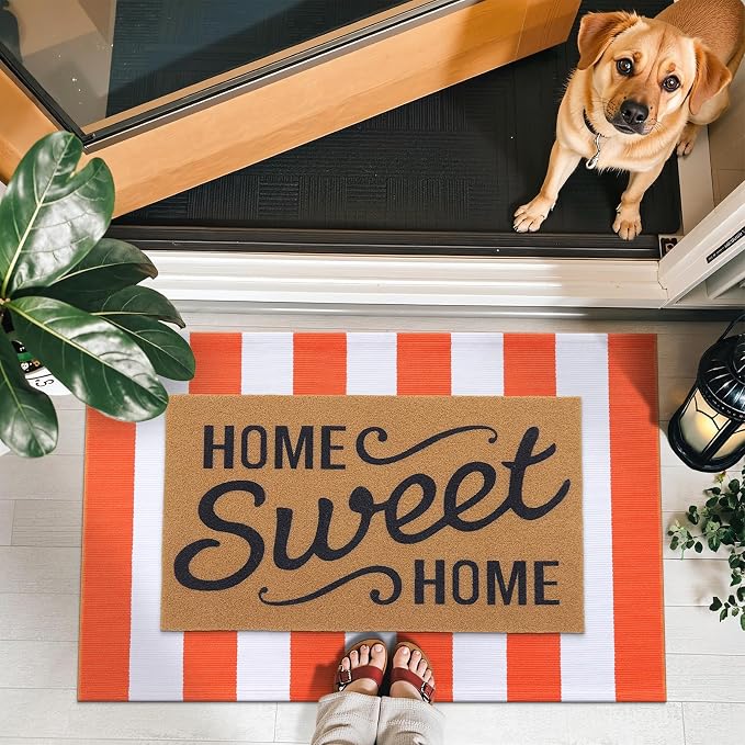 OLANLY Orange and White Striped Rug 3' x 5' | Washable Cotton Indoor Outdoor Doormat for Front Door, Entryway, Kitchen, Porch, Patio Decor