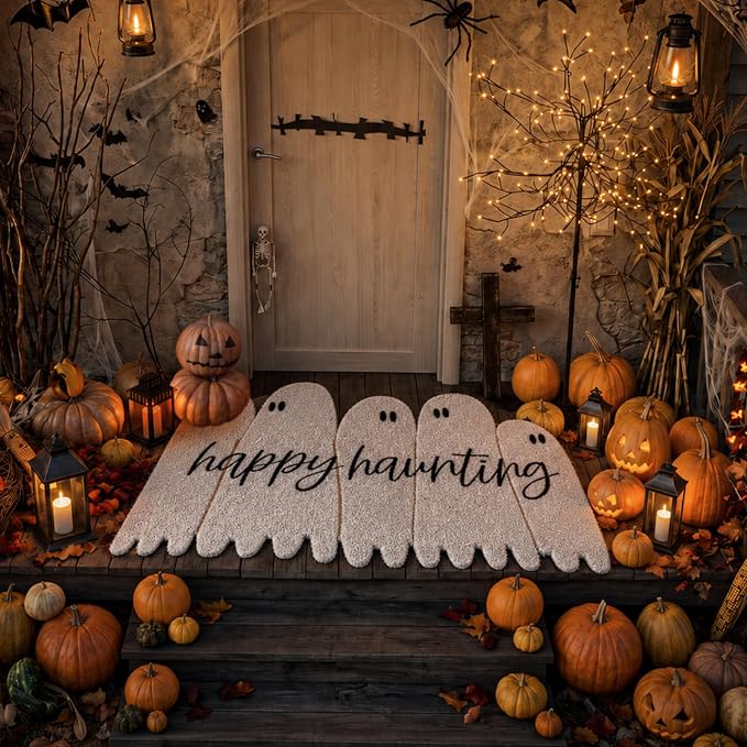 Ceenna Halloween Doormat Coir Happy Haunting Ghost Doormat Funny Ghost Door Mat Non Slip Floor Mat for Halloween Haunted House Indoor Front Door Entrance Decor, 16 x 28 Inch