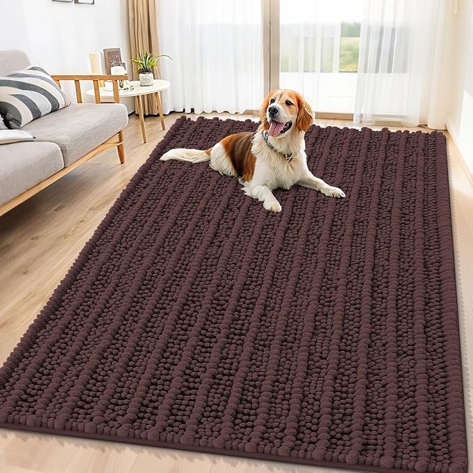 Smiry Dog Door Mat for Muddy Paws 71x46, Absorbent Dirt Trapper, Non-Slip Washable Chenille Entryway Rug for Inside Floor, Brown, Layered Pattern