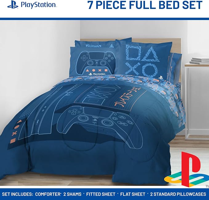 Jay Franco Kids Bed Set, Blue, PlayStation, 7 Piece Full | Cozy Soft Bedding for Stylish Room Décor with Comforter, Sheets & Pillow Covers
