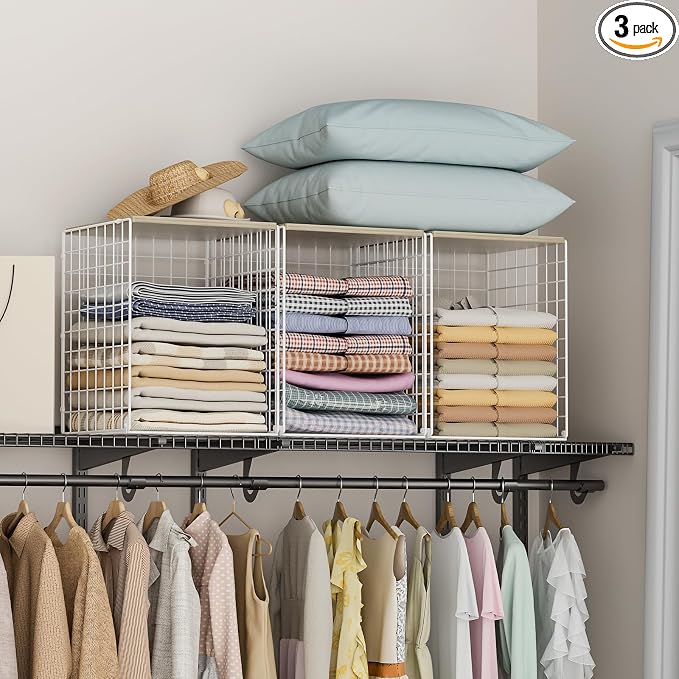 Hencawima 3-Pack Taller Stackable Closet Organizers and Storage with Wood Top,White | Wire Storage Bins for Clothes, Double Storage Design, Sturdy Metal Cube Shelf Organizer for Closet Wardrobe,White