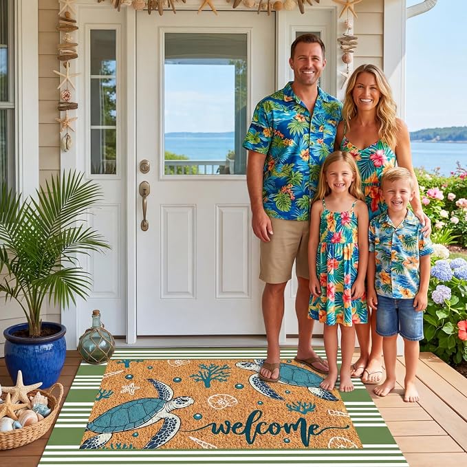Moucuny 2 Pcs Summer Beach Coir Door Mat Coastal Sea Turtle Doormat 24'' x 35'' Green and White Striped Outdoor Rug 16'' x 28'' Ocean Beach Non Slip Seasonal Welcome Doormat for Porch Front Decor