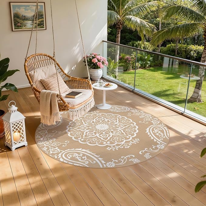 Pauwer Outdoor Rug 6ft, Waterproof Plastic Straw Camping Rug, Boho Brown | Reversible Patio Rug, UV Resistant Indoor Outdoor RV Mat Carpet For Deck, Camper, Porch, Balcony, Backyard, Picnic, Foldable