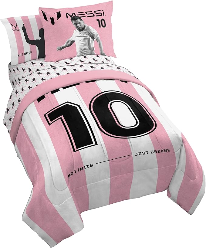 Jay Franco Messi Full Comforter Set 7 Piece Soft Kids Sports Bedding, Pink | Bed in a Bag, Comforter Sheets Shams Pillowcases, Official Product, Soft Microfiber, Machine Washable, Kids Gift