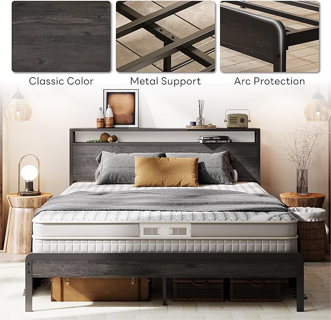 LIKIMIO Queen Bed Frame with 2-Tier Storage Shelf Headboard | Dark Wood Platform Bed, Camas Queen with Strong Metal Supports, Sturdy, Noise-Free, No Box Spring Needed, Grey