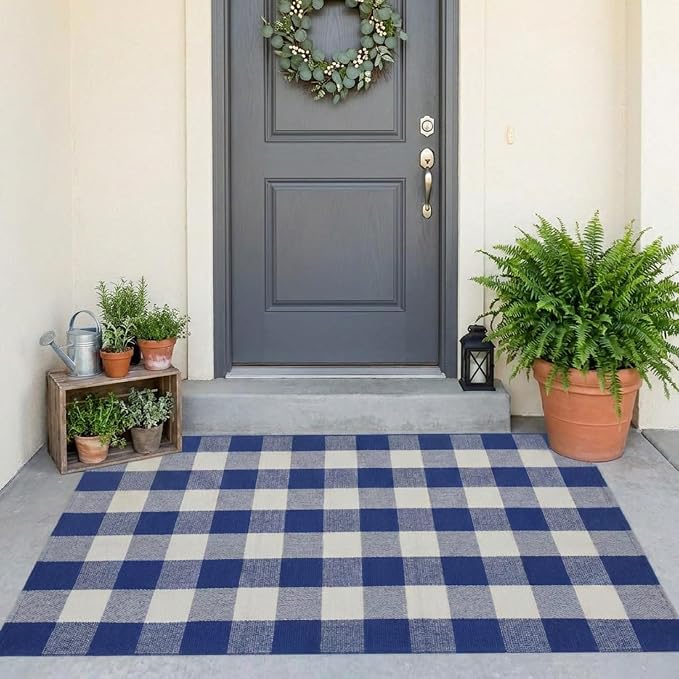SEEKSEE Buffalo Plaid Outdoor Rug 3' x 5' Blue and White Front Door Mat, Layering Rug for Porch, Summer Doormat, Front Porch Rug for Outdoor Entrance Entryway Patio Porch Decor