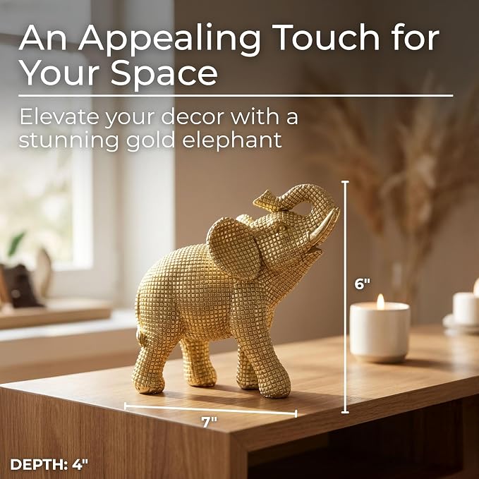 Decorative Resin Elephant Figurine for Home and Bathroom Decor - Ornament Statue for Office Desk, Living Room, or Shelf Styling - Elegant Accent for Entryway and Coffee Table - 7", Gold & Metallic