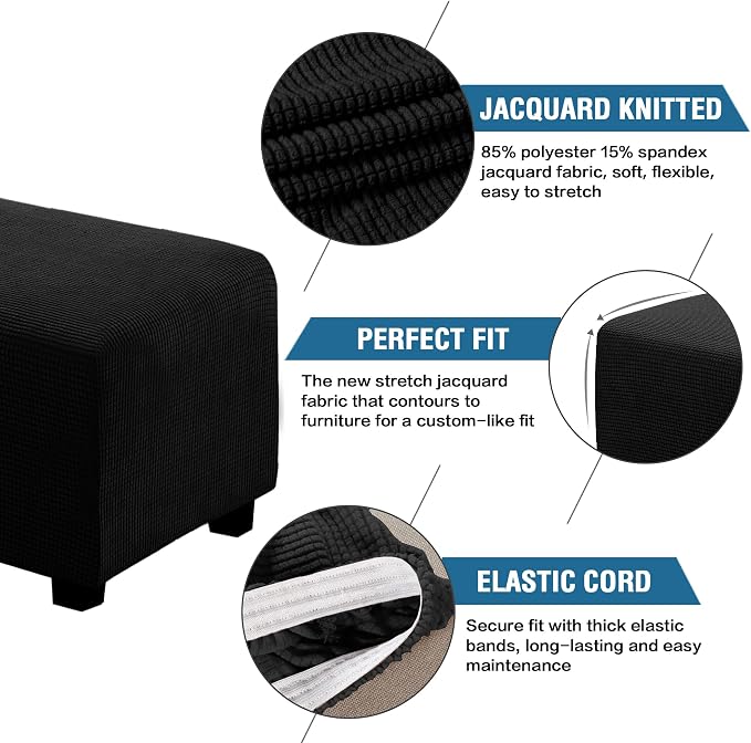 H.VERSAILTEX Ottoman Cover Slipcover Rectangle Fit Length 33"-38" Footrest Sofa Slipcovers Stool Cover Footstool Protector Covers Feature Stretch Thick Soft Jacquard Fabric Removable Washable - Black