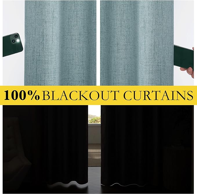 NICETOWN 100% Absolutely Blackout Linen Curtains with Thermal Insulated White Liner, Skylark Blue, 52 inches Wide, 63 inches Length Energy Saving Curtains for Cupboard 2 Panels Set, Vertical Blinds