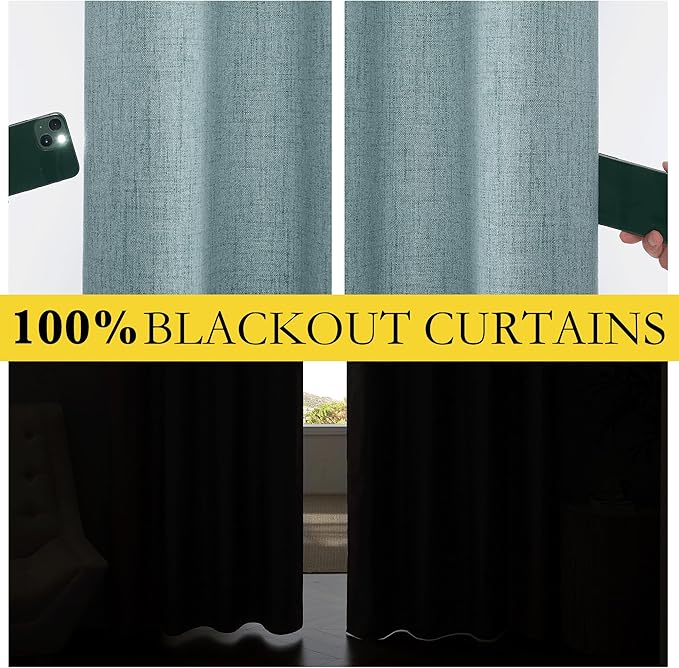 NICETOWN 100% Absolutely Blackout Linen Curtains with Thermal Insulated Liner, Skylark Blue, 62" Wide, 84" Length Energy Saving Curtains for Living Room 2 Panels Set, Vertical Blinds