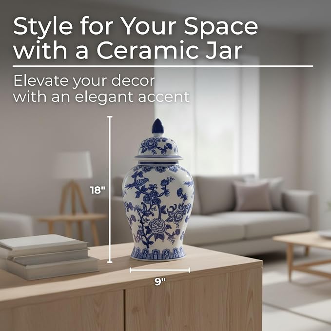 Decorative Ginger Jar for Home Decor – Ceramic Jar With Lid, Chinoiserie Pattern, Large Tabletop Accent for Living Room or Entry Shelf Display, Stylish Centerpiece Decor – 18", Blue & White