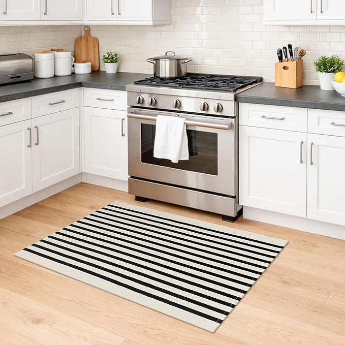 KILOCOCO Beige Striped Rug 2.3'x3.6' Indoor Outdoor Rugs Front Door Mat | Cotton Washable Striped Front Porch Rug, Woven Layered Doormats, Welcome Mat for Entryway, Low Pile Kitchen Rugs