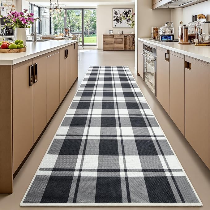 AROGAN Checkered Jute Runner Rug for Hallway, 2x8 Kitchen Runner Washable Rugs Carpet, Long Farmhouse Design Geometric Rugs for Entryway Indoor Laundry Welcome Mat 8 Ft Entry, Black and White