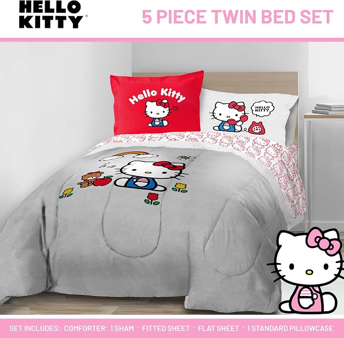 Sanrio Hello Kitty Twin Comforter Set 5 Piece Bedding for Girls, Grey | Bed in a Bag, Comforter Sheets Sham Pillowcase, Official Product, Soft Microfiber, Machine Washable, Easy Care, Girls Gift