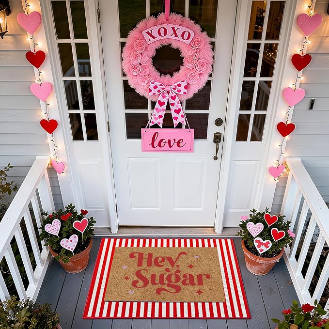 2 Pcs Hey Sugar Door Mat, Valentine Door Mat Valentines Day Welcome Mat Non Slip Coir Doormat Red and White Striped Mat Layering Doormats for Home Bathroom Front Porch Entryway Decor 24"x 32"
