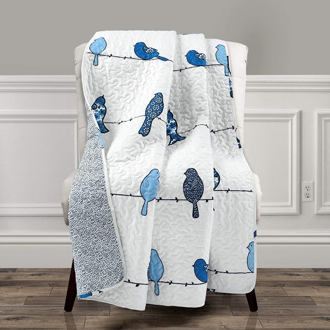 Lush Decor Rowley Birds Reversible Throw Blanket, 50" W x 60" L, Navy - Throw Blankets for Bed - Couch Blanket - Farmhouse Throw Blanket for Couch