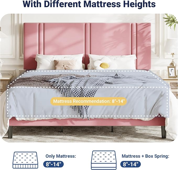 Allewie King Size Platform Bed Frame with Adjustable Headboard | Plush Velvet Upholstered, Vertical Channel Tufted, Sturdy Wood Slats, No Box Spring Needed, Easy Assembly, Pink