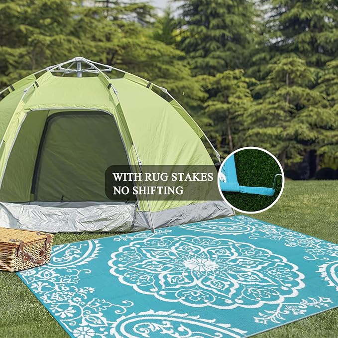 Pauwer Outdoor Rug 5x8, Waterproof Plastic Straw Camping Rug, Boho Teal | Reversible Patio Rug, UV Resistant Indoor Outdoor RV Mat Carpet For Deck, Camper, Porch, Balcony, Backyard, Picnic, Foldable