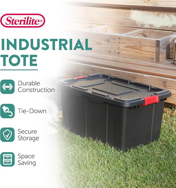 Sterilite Industrial Storage Tote with Lids for Garage, 27 Gallon, 8-Pack | Heavy-Duty and Stackable Utility Box Containers for Home, Office, and Basement Organization, Black