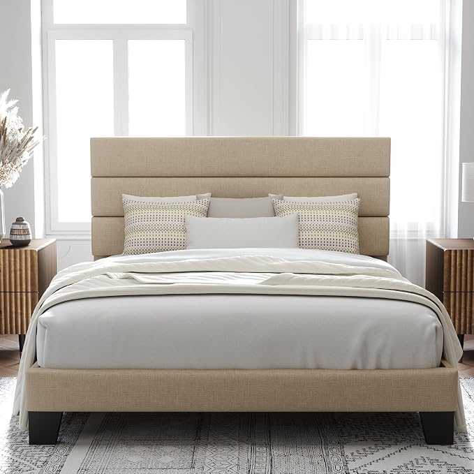 Allewie Full Size Platform Bed Frame with Fabric Upholstered Headboard | Wooden Slats Support, Fully Upholstered Mattress Foundation, No Box Spring Needed, Easy Assembly, Noise-Free, Beige