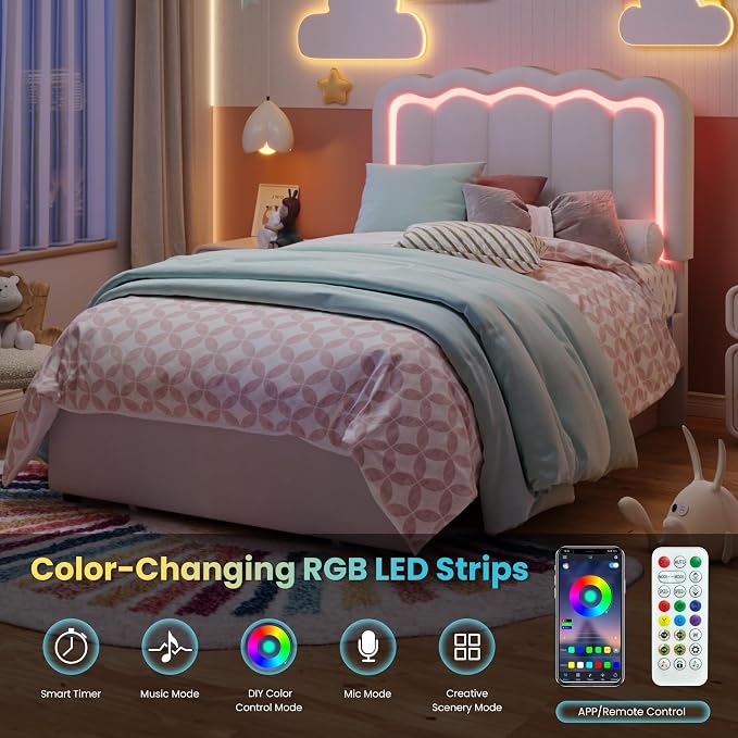 SHA CERLIN Twin Size Bed Frame with LED Lights and Storage Drawer, White | Upholstered Velvet Platform Bed with Adjuatable Wavy Headboard, Noise-Free, Easy Assembly,No Box Spring Needed