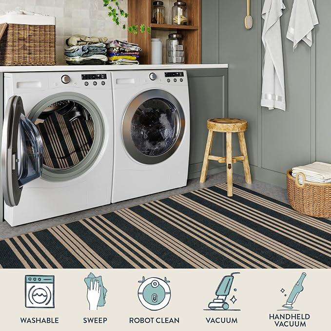 Lahome Striped Easy Jute Front Door Mat, 2x3 Washable Kitchen Outdoor Rug | Black Rugs for Entryway, Modern Farmhouse Neutral Mats, Lightweight Non Slip Carpet for Indoor Entrance Patio Porch Foyer