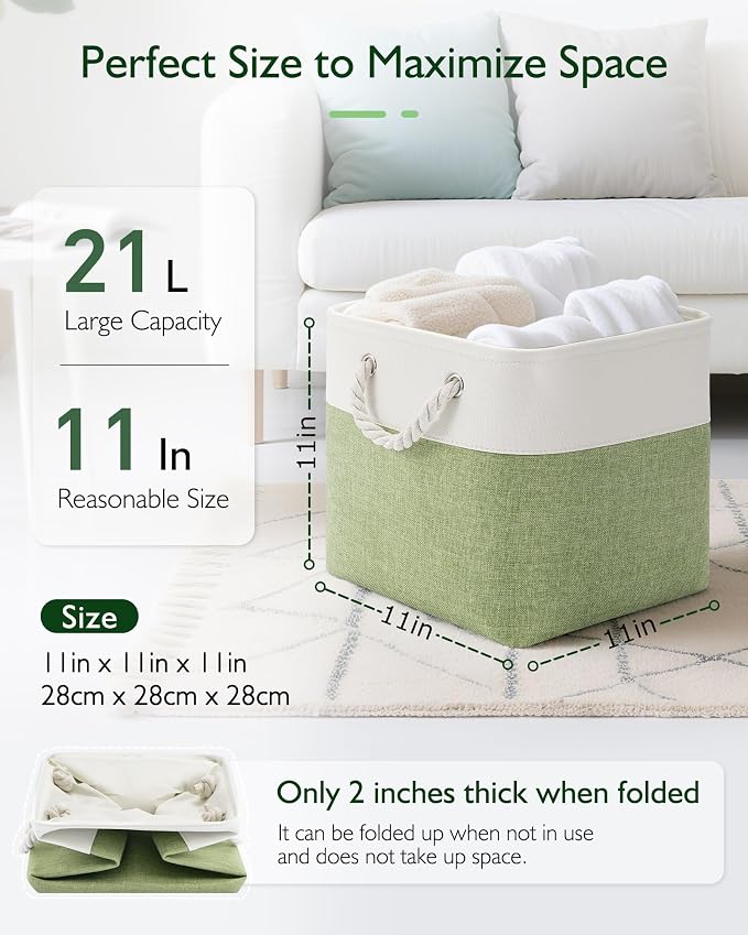 Patvingot 11-Inch Fabric Cube Storage Bins with Handles,6 Pack,Foldable | For cube shelves and closets,keeps grouped for everyday access,reinforced opening and fold-flat storage,white and green
