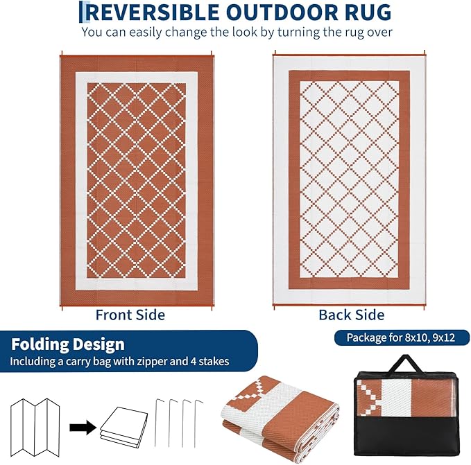 Outdoor Rug 9x18ft Waterproof Reversible Plastic Straw Patio Carpet Modern Geometric Diamond Mat Easy Clean Large for Deck Camping RV Picnic Beach 颜色: 赤陶橙/白 规格: 美国 尺寸: