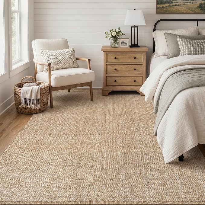 Collive Boho Living Room Area Rugs, 5 X 8 ft Washable Moder Woven Cotton Bedroom Rug, Tan Farmhouse Braided Carpets for Dining Room Nursery Room Dorm Patio Balcony Decor