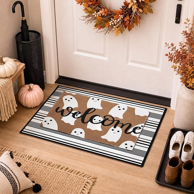 2Pcs Halloween Welcome Ghost Doormats, 16 x 24 in Brown Ghost Door Mat And 24 x 32 in Black White Striped Layering Rug, Fall Porch Decor For Indoor Outdoor Entryway Patio Kitchen Bathroom Floor