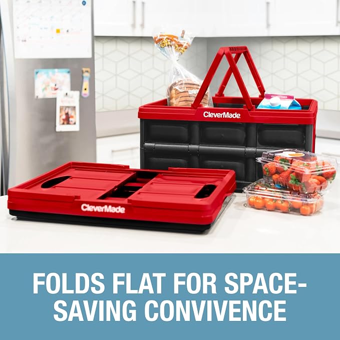 CleverMade Collapsible Shopping Basket, 32L, Recycled Plastic, Red | Rigid walls support up to 35 lb, while top and side handles balance heavier grocery, laundry, or gear loads.
