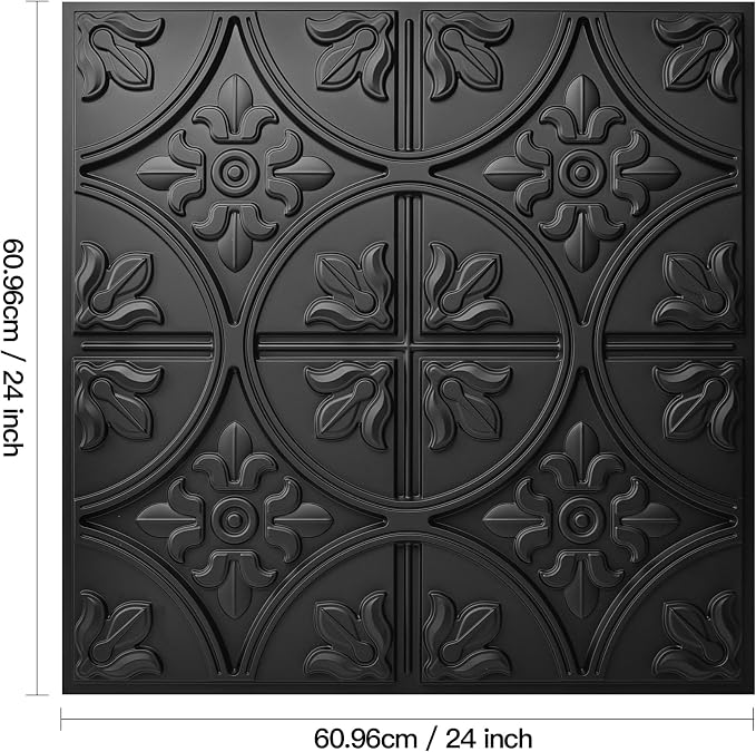 Art3d Drop Ceiling Tiles 24x24in. (12-Pack, 48 Sq.ft), Wainscoting Panels Glue Up 2ft x 2ft for Interior Décor in Living Room, Bedroom & Office, Star Black | PVC, Water Resistant, Shatterproof, Fade-Resistant, Compatible with Grid System, Versatile for...