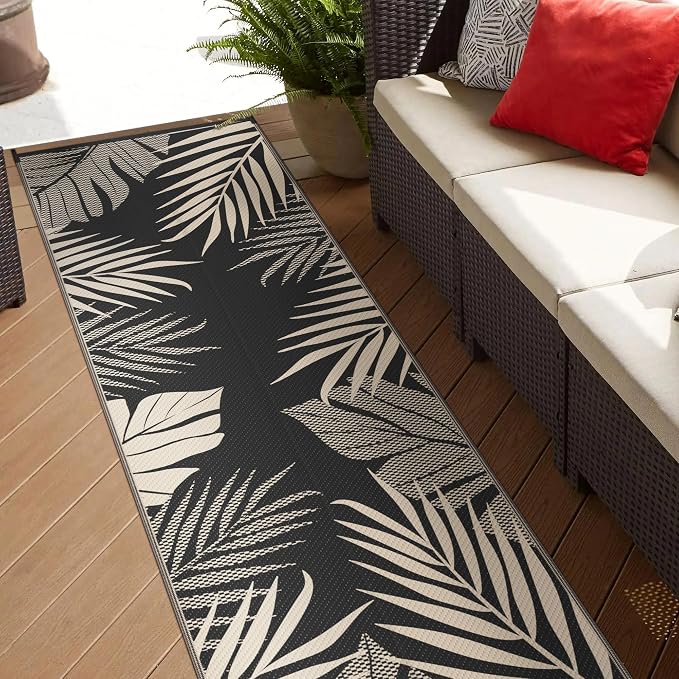 GENIMO Outdoor Rug, Waterproof Plastic Runner Rugs, 2.5'x8' Black Beige | Outside Leaf Carpet Mat for Patio Decor, Porch, Deck, Balcony, Camping, RV, Picnic, Beach, Reversible, Foldable, Lightweight
