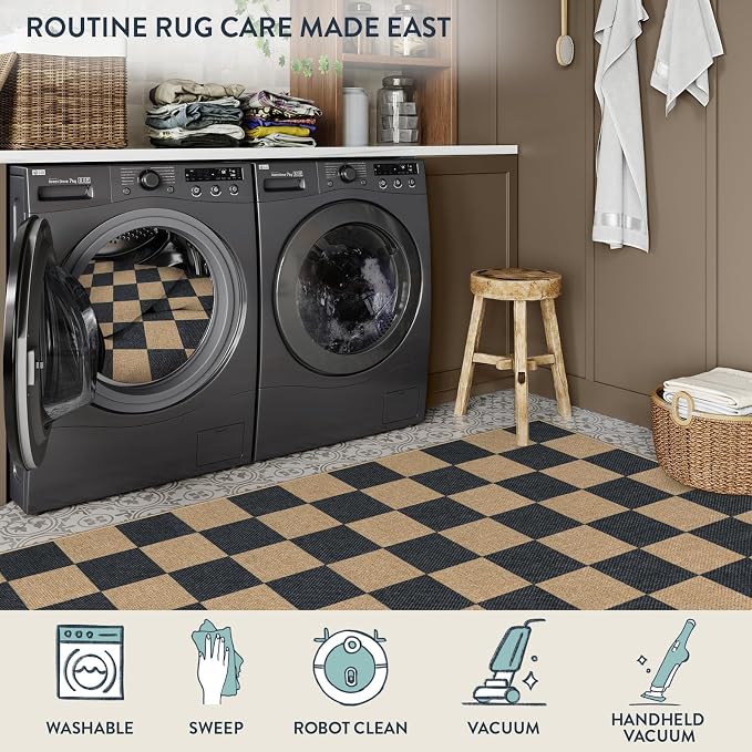 Lahome Checkered Easy Jute Entryway Rug, 3ft Round Washable Rugs Black | Farmhouse Natural Diamond Outdoor Carpet, Non Slip Non Shedding Mat for Indoor Front Door Entrance Kitchen Patio Porch Foyer