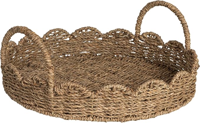 Household Essentials Round Handwoven Seagrass Tray with Scalloped Edge and Handles, Natural