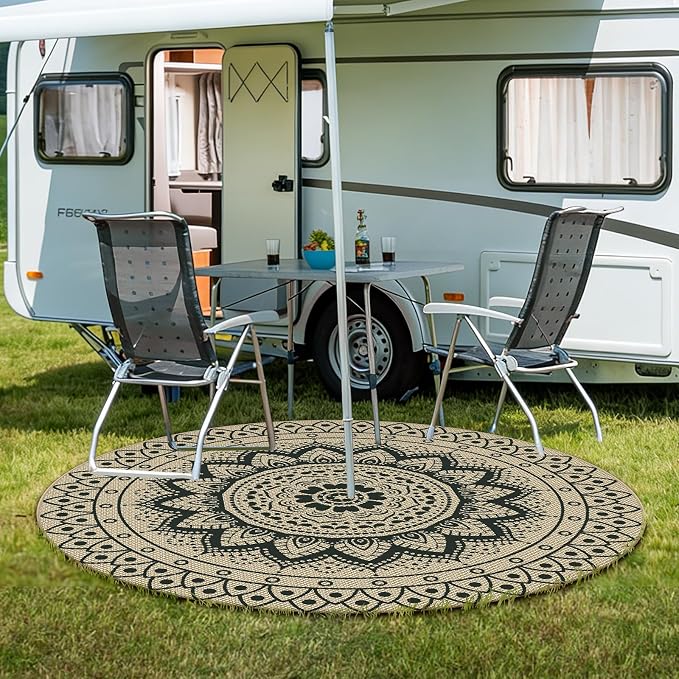 Faux Jute Outdoor Round Rug, 6ft Washable Indoor Outdoor Patio Rug, Black Non Slip Round Area Rug Farmhouse, Boho Carpet for Backyard Patio